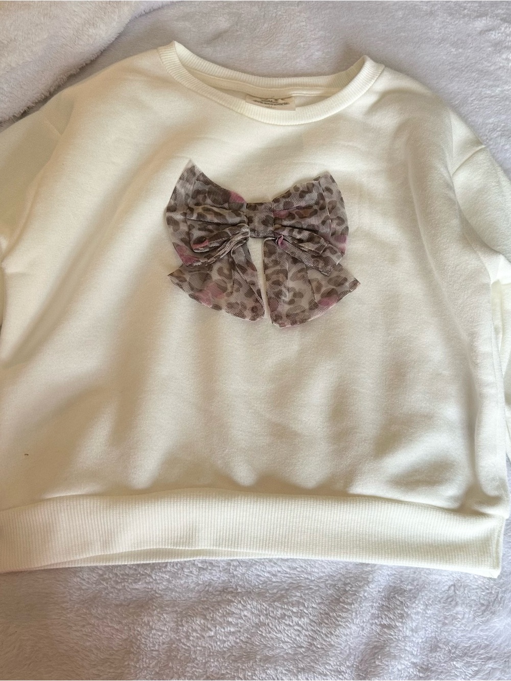 Cream Girls' One-Piece Top with Leopard Bow Accent